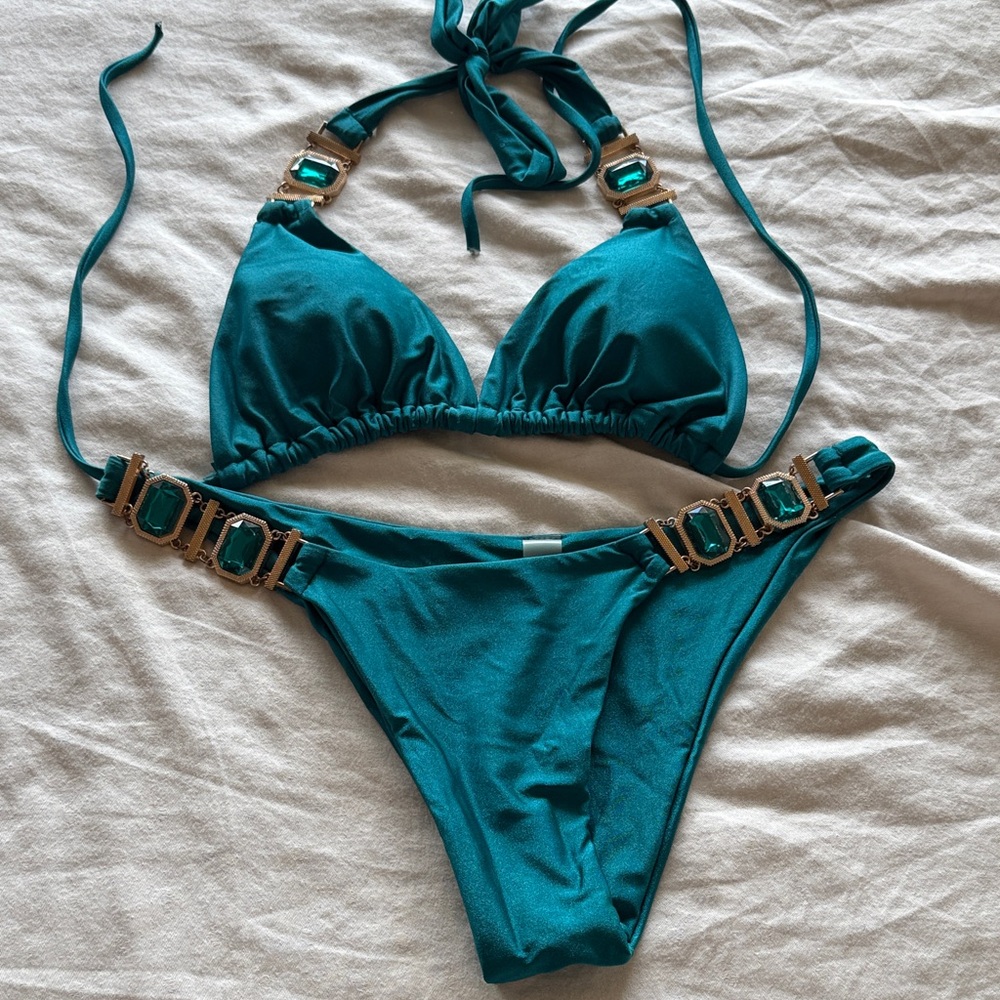 Shein Teal jewel accent Bikini S